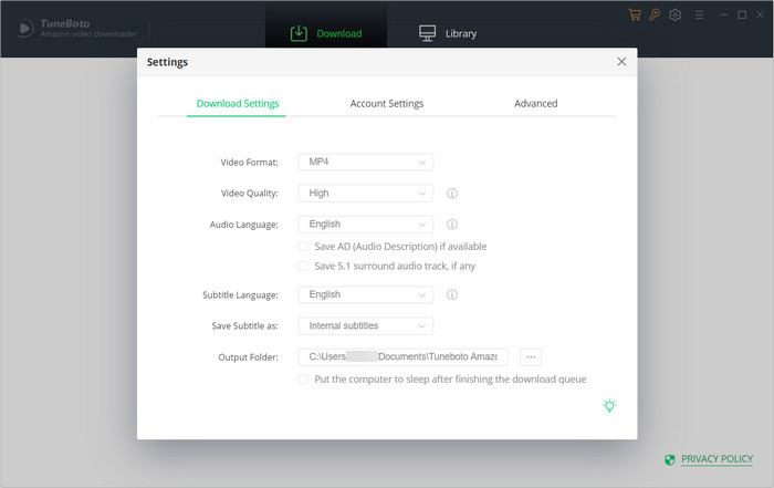 TuneBoto Amazon Video Downloader settings